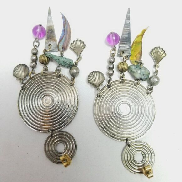 Vintage Funky Disc Shape Dangle Earrings with Beaded Charms, Silver Tone, 80s - Picture 3 of 6